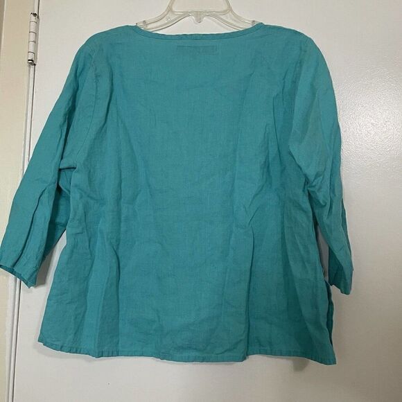 FLAX Turquoise Blue knit Linen side button Long sleeve top size SMALL - Picture 5 of 5